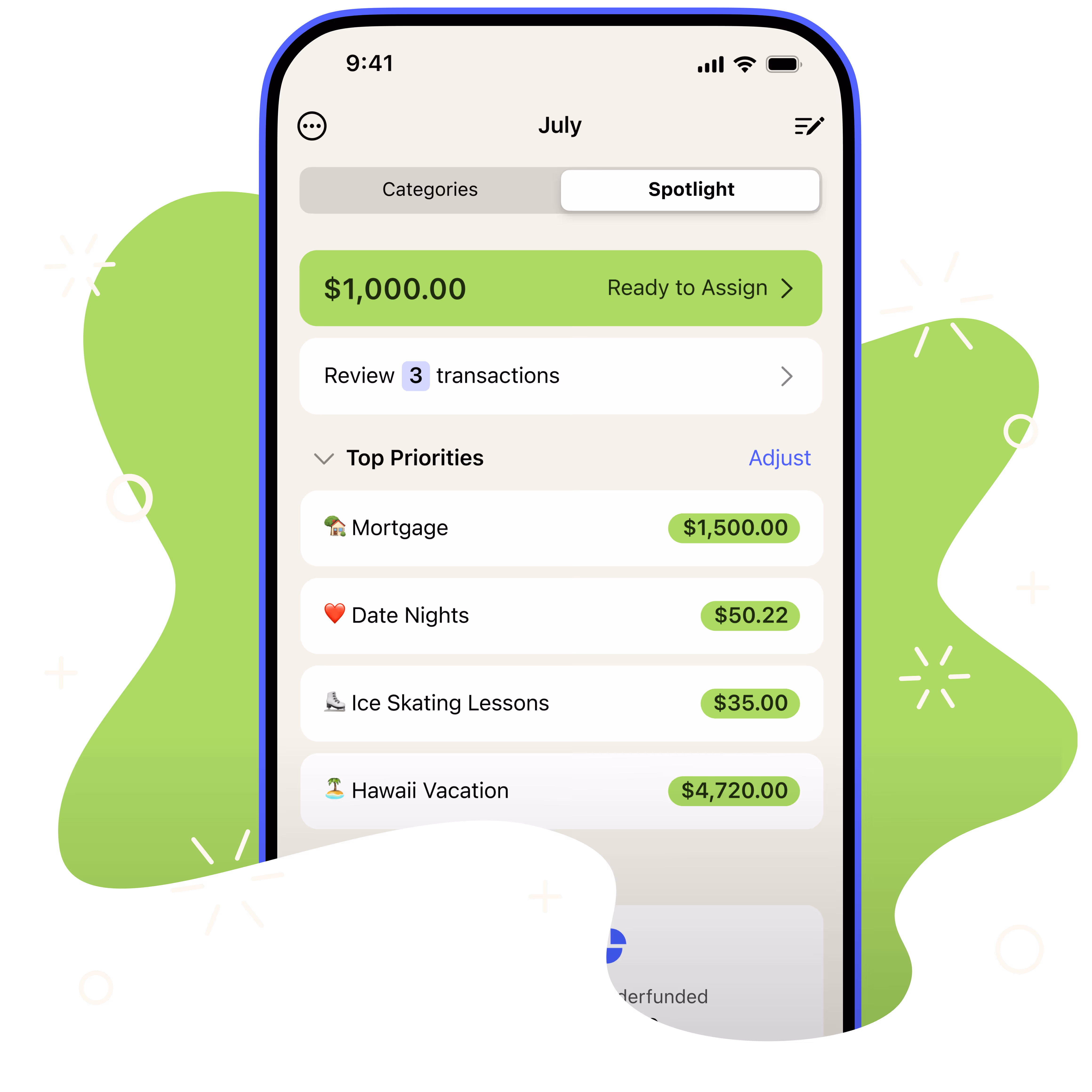 A phone with the YNAB app coming out of a squiggly shaped-portal surrounded by sparks and bubbles
